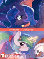 Size: 2082x2809 | Tagged: safe, artist:fensu-san, princess celestia, princess luna, alicorn, pony, g4, bell, bell collar, cat bell, christmas, collar, female, glowing horn, hat, high res, holiday, holly, horn, looking back, mare, patreon, patreon logo, patreon preview, paywall content, royal sisters, santa hat, smiling, snowman