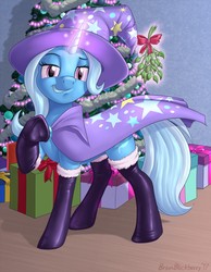 Size: 992x1280 | Tagged: safe, artist:brianblackberry, trixie, pony, unicorn, g4, cape, christmas, christmas tree, clothes, female, glowing horn, hat, holiday, horn, looking at you, mare, mistletoe, pointing, present, raised hoof, smiling, smirk, socks, solo, thigh highs, tree, trixie's cape, trixie's hat