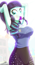 Size: 1020x1860 | Tagged: safe, artist:the-butch-x, coloratura, equestria girls, g4, arm behind head, armpits, breasts, busty coloratura, choker, clothes, female, looking at you, pants, signature, solo, sweat, yoga pants
