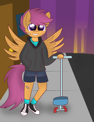 Size: 2550x3300 | Tagged: safe, artist:skyflys, scootaloo, anthro, plantigrade anthro, g4, bandage, city, clothes, converse, cute, cutealoo, female, filly, high res, scooter, shoes, smiling