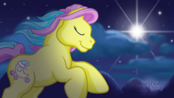 Size: 1920x1080 | Tagged: safe, artist:anscathmarcach, bright night (g3), earth pony, pony, g3, christmas, cloud, cloudy, complex background, cute, eyes closed, female, g3 brightorable, holiday, jumping, mare, night, running, smiling, solo, stars