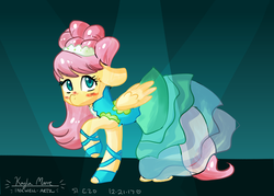 Size: 4900x3500 | Tagged: safe, artist:inkwellartz, fluttershy, pegasus, pony, g4, green isn't your color, alternate hairstyle, blushing, clothes, dress, female, floppy ears, folded wings, looking at you, looking sideways, mare, modelshy, raised hoof, solo, standing, wings