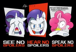 Size: 2338x1620 | Tagged: dead source, safe, artist:theratedrshimmer, pinkie pie, rarity, earth pony, pony, unicorn, g4, abuse, bust, comic, crying, dialogue, female, looking at you, makeup, mare, no spoilers, open mouth, pinkiebuse, running makeup, signature, slap, slapping, three wise monkeys, underhoof