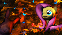 Size: 3840x2160 | Tagged: safe, artist:wiizzie, fluttershy, butterfly, rabbit, g4, 3d, female, high res, solo, tree