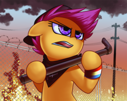 Size: 2400x1900 | Tagged: safe, artist:php69, scootaloo, pony, g4, barbed wire, bracelet, cap, cloud, explosion, female, fence, filly, hat, holding, jewelry, lead pipe, pipe (plumbing), sky, solo, tree, weapon