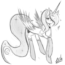 Size: 2473x2480 | Tagged: safe, artist:lacunah, princess luna, alicorn, pony, g4, blushing, clothes, female, grayscale, hair over one eye, heart, high res, mare, monochrome, raised hoof, sketch, socks, solo