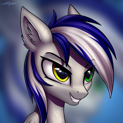 Size: 3000x3000 | Tagged: safe, artist:setharu, oc, oc only, pegasus, pony, bust, commission, grin, heterochromia, high res, portrait, smiling, solo, zoom layer