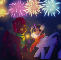 Size: 2076x2055 | Tagged: safe, artist:dagmell, fizzlepop berrytwist, tempest shadow, twilight sparkle, oc, alicorn, pony, g4, my little pony: the movie, bengal lights, christmas, clothes, female, fireworks, heart eyes, high res, lesbian, scarf, ship:tempestlight, shipping, twilight sparkle (alicorn), wingding eyes