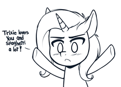Size: 1280x923 | Tagged: safe, artist:higglytownhero, trixie, pony, unicorn, g4, black and white, blushing, bust, doodle, female, grayscale, hooves up, horn, mare, monochrome, simple background, solo, speech, text, white background