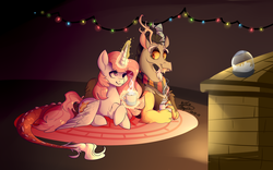 Size: 1024x640 | Tagged: safe, artist:artistofthegeeks, discord, princess celestia, alicorn, draconequus, pony, g4, chocolate, female, fireplace, food, glowing horn, horn, hot chocolate, lights, looking at each other, magic, male, rug, ship:dislestia, shipping, snow globe, straight, telekinesis, wings