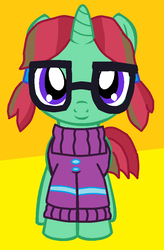 Size: 619x946 | Tagged: safe, artist:ianpony98, oc, oc:straight a's, pony, unicorn, base used, buttons, clothes, front view, glasses, horn, looking at you, parent:oc:ian, pigtails, sweater, unicorn oc