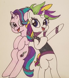 Size: 1345x1512 | Tagged: safe, artist:iffoundreturntorarity, rarity, starlight glimmer, g4, alternate hairstyle, duo, punk, raripunk, traditional art
