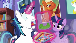 Size: 1280x720 | Tagged: safe, edit, edited screencap, screencap, shining armor, twilight sparkle, alicorn, pony, unicorn, g4, the one where pinkie pie knows, bookshelf, drugs, magic, marijuana, poster, smoke, telekinesis, twilight sparkle (alicorn)