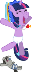Size: 598x1335 | Tagged: safe, artist:mighty355, smarty pants, twilight sparkle, pony, unicorn, g4, bonnet, bow, diaper, doll, female, jumping, non-baby in diaper, pacifier, solo, toy, unicorn twilight, white diaper