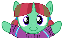 Size: 1218x722 | Tagged: safe, artist:ianpony98, oc, oc only, oc:straight a's, pony, unicorn, clothes, horn, hug, looking at you, parent:oc:ian, simple background, sweater, unicorn oc, white background