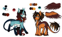 Size: 5000x3000 | Tagged: safe, artist:askbubblelee, oc, oc only, oc:annie belle, oc:daniel dasher, dracony, hybrid, pegasus, pony, unicorn, brother and sister, cloven hooves, female, glasses, leonine tail, looking at you, male, mare, redesign, reference sheet, smiling, stallion