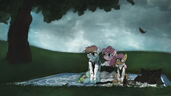 Size: 6400x3600 | Tagged: safe, artist:theravencriss, pinkie pie, rainbow dash, scootaloo, earth pony, pegasus, pony, g4, absurd resolution, clothes, crossover, female, grass, mare, movie reference, multicolored hair, sweeney todd, tree