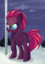 Size: 628x884 | Tagged: dead source, safe, artist:brok-enwings, fizzlepop berrytwist, tempest shadow, pony, unicorn, g4, my little pony: the movie, blushing, broken horn, female, filly, filly tempest shadow, foal, horn, night, raised hoof, snow, snowfall, solo, younger