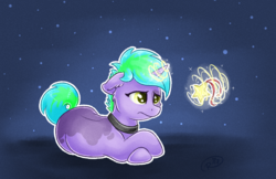 Size: 2576x1668 | Tagged: safe, artist:ruushiicz, oc, oc only, pony, choker, female, glowing horn, horn, magic, mare, snow, snowfall, solo