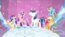 Size: 1280x720 | Tagged: safe, screencap, applejack, fluttershy, pinkie pie, princess cadance, rainbow dash, rarity, shining armor, spike, dragon, g4, the crystalling, snow