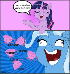 Size: 905x960 | Tagged: safe, artist:usattesa, trixie, twilight sparkle, pony, unicorn, all bottled up, g4, comic, cup, everypony has weird fetishes, eyes closed, female, mare, speech bubble, teacup, that pony sure does love teacups