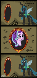 Size: 612x1280 | Tagged: safe, artist:usattesa, queen chrysalis, starlight glimmer, changeling, changeling queen, pony, unicorn, g4, comic, cute, female, glimmerbetes, mare, mirror, snow white