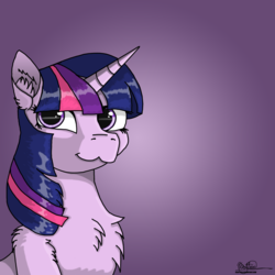 Size: 3000x3000 | Tagged: safe, artist:usattesa, twilight sparkle, pony, unicorn, g4, bust, chest fluff, ear fluff, female, gradient background, high res, looking at you, mare, purple background, simple background, solo