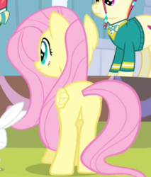 Size: 326x383 | Tagged: safe, screencap, fluttershy, torch song, pegasus, pony, filli vanilli, g4, butt, clothes, cropped, female, mare, plot, ponytones outfit, solo focus