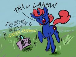 Size: 965x721 | Tagged: safe, artist:snapai, oc, oc only, oc:avery, pony, unicorn, boombox, captain underpants, dancing, dialogue, eyes closed, implied cheese sandwich, music, music notes, open mouth, solo, tra la la