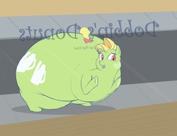 Size: 1280x982 | Tagged: safe, artist:astr0zone, oc, oc only, oc:bric-a-brac, pony, fat, huge butt, impossibly large butt, large butt, looking in, morbidly obese, obese, smoosh, solo, squashed, store, window