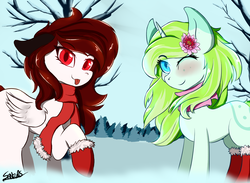Size: 1112x816 | Tagged: safe, artist:sanzols, oc, oc only, oc:mintea, pegasus, pony, unicorn, clothes, colored pupils, duo, female, flower, flower in hair, looking at you, mare, one eye closed, raised hoof, scarf, signature, socks, tongue out, wink