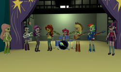 Size: 5120x3072 | Tagged: safe, artist:n3onh100, applejack, fluttershy, pinkie pie, rainbow dash, rarity, sci-twi, starlight glimmer, sunset shimmer, twilight sparkle, equestria girls, g4, 3d, drum kit, drums, electric guitar, gmod, guitar, humane five, humane six, microphone, musical instrument, otamatone, the rainbooms