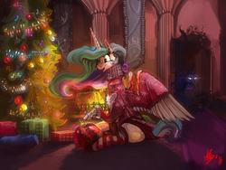 Size: 4000x3000 | Tagged: safe, artist:alumx, princess celestia, princess luna, alicorn, pony, g4, angry, christmas, christmas lights, christmas tree, clothes, coal, female, fireplace, high res, holiday, mare, open mouth, present, royal sisters, sitting, socks, solo focus, spread wings, striped socks, tree, wings