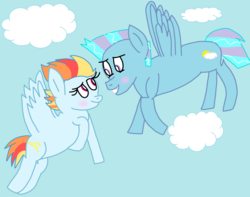 Size: 2344x1848 | Tagged: safe, artist:snoopy7c7, oc, oc only, oc:lightning dash, oc:soaring lane, female, looking at each other, male, oc x oc, offspring, offspring shipping, parent:cloudchaser, parent:rainbow dash, parent:soarin', parent:thunderlane, parents:soarindash, parents:thunderchaser, shipping, straight