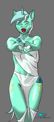 Size: 1013x2275 | Tagged: safe, alternate version, artist:thunderblitz1, lyra heartstrings, unicorn, anthro, g4, both cutie marks, clothes, female, heart hands, multiple variants, skimpy, solo, toga