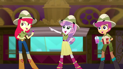 Size: 1280x720 | Tagged: safe, screencap, apple bloom, scootaloo, sweetie belle, equestria girls, g4, my little pony equestria girls: summertime shorts, the canterlot movie club, belt, boots, cinema, clothes, cutie mark crusaders, food, open mouth, popcorn, shoes, short pants, skirt, slushie, straw, theater, ticket