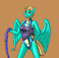Size: 1024x1020 | Tagged: safe, alternate version, artist:thunderblitz1, lightning dust, pegasus, anthro, g4, armpits, clothes, deviantart watermark, female, flight suit, multiple variants, obtrusive watermark, one-piece swimsuit, open-back swimsuit, shirt, solo, swimsuit, torn clothes, towel, watermark, wings, wonderbolts