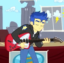 Size: 675x667 | Tagged: safe, screencap, flash sentry, best trends forever, equestria girls, g4, my little pony equestria girls: better together, alternate hairstyle, clothes, cropped, electric guitar, eyes closed, guitar, male, musical instrument, smiling
