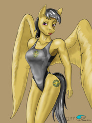 Size: 1600x2133 | Tagged: safe, artist:thunderblitz1, daring do, pegasus, anthro, g4, armpits, clothes, deviantart watermark, female, multiple variants, obtrusive watermark, one-piece swimsuit, open-back swimsuit, solo, swimsuit, watermark