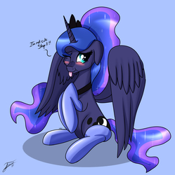 Size: 2301x2306 | Tagged: safe, artist:nexcoyotlgt, princess luna, alicorn, pony, g4, :p, :t, alternate hairstyle, blatant lies, blue background, blushing, cheek fluff, clothes, cute, female, floppy ears, high res, i'm not cute, lunabetes, mare, one eye closed, ponytail, silly, silly pony, simple background, sitting, smiling, socks, solo, spread wings, stockings, thigh highs, tongue out, weapons-grade cute, wings, wink