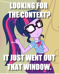 Size: 852x1060 | Tagged: safe, edit, edited screencap, screencap, sci-twi, twilight sparkle, equestria girls, g4, my little pony equestria girls: better together, glasses, image macro, juxtaposition bait, meme, pointing