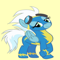 Size: 1600x1600 | Tagged: safe, artist:racquel-silverspirit, fleetfoot, pony, g4, female, lidded eyes, show accurate, simple background, solo, wrong aspect ratio, yellow background