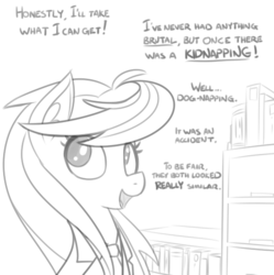 Size: 500x502 | Tagged: dead source, safe, artist:reiduran, oc, oc only, oc:ostria chime, pony, ask, bookshelf, bust, clothes, dialogue, female, grayscale, mare, monochrome, open mouth, smiling, solo, tumblr
