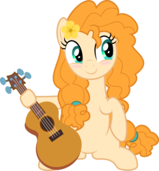 Size: 5093x5458 | Tagged: safe, artist:jhayarr23, pear butter, earth pony, pony, g4, the perfect pear, absurd resolution, blushing, cute, flower, flower in hair, guitar, hoof hold, looking away, looking sideways, pearabetes, simple background, sitting, smiling, transparent background, vector