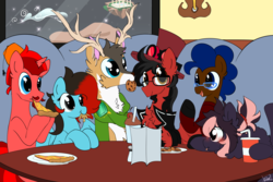 Size: 6000x4000 | Tagged: safe, artist:silverknight27, oc, oc only, oc:jasper pie, oc:keychi, oc:luximus, oc:silver rose, oc:toonkriticy2k, oc:tyandaga, deer, earth pony, pegasus, pony, unicorn, absurd resolution, clothes, cookie, female, food, hat, male, mare, pizza, scarf, stallion, sweater, that deer sure does love cookies, top hat