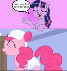 Size: 904x960 | Tagged: safe, artist:usattesa, edit, screencap, pinkie pie, twilight sparkle, earth pony, pony, baby cakes, g4, diaper, diaper fetish, diaper on head, everypony has weird fetishes, eyes closed, female, fetish, fetishes in the comments, mare, meme, non-baby in diaper, outfit catalog, raised hoof, smiling, solo, sugarcube corner