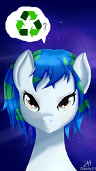 Size: 1080x1920 | Tagged: safe, artist:dashy21, oc, oc only, oc:earth-chan, pony, earth, looking at you, planet, ponified, recycling, solo, space, speech bubble