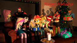 Size: 1920x1080 | Tagged: safe, artist:razethebeast, apple bloom, applejack, dean cadance, princess cadance, sunset shimmer, equestria girls, g4, 3d, christmas, christmas tree, cookie, couch, food, happy holidays, heavy weapons guy, holiday, milk, present, scout (tf2), source filmmaker, team fortress 2, tree