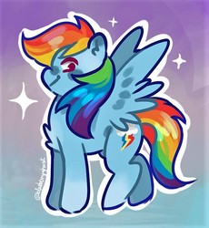 Size: 667x724 | Tagged: safe, artist:blueberry-ghost, rainbow dash, pegasus, pony, g4, chest fluff, female, gradient background, looking at you, mare, profile, smiling, solo, spread wings, wings