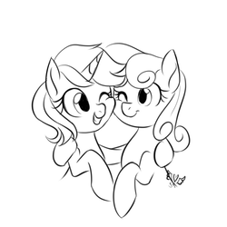 Size: 1500x1500 | Tagged: safe, artist:sapphirescarletta, bon bon, lyra heartstrings, sweetie drops, earth pony, pony, unicorn, g4, black and white, cheek squish, duo, female, grayscale, hug, lesbian, looking at each other, mare, monochrome, one eye closed, ship:lyrabon, shipping, sketch, smiling, squishy cheeks